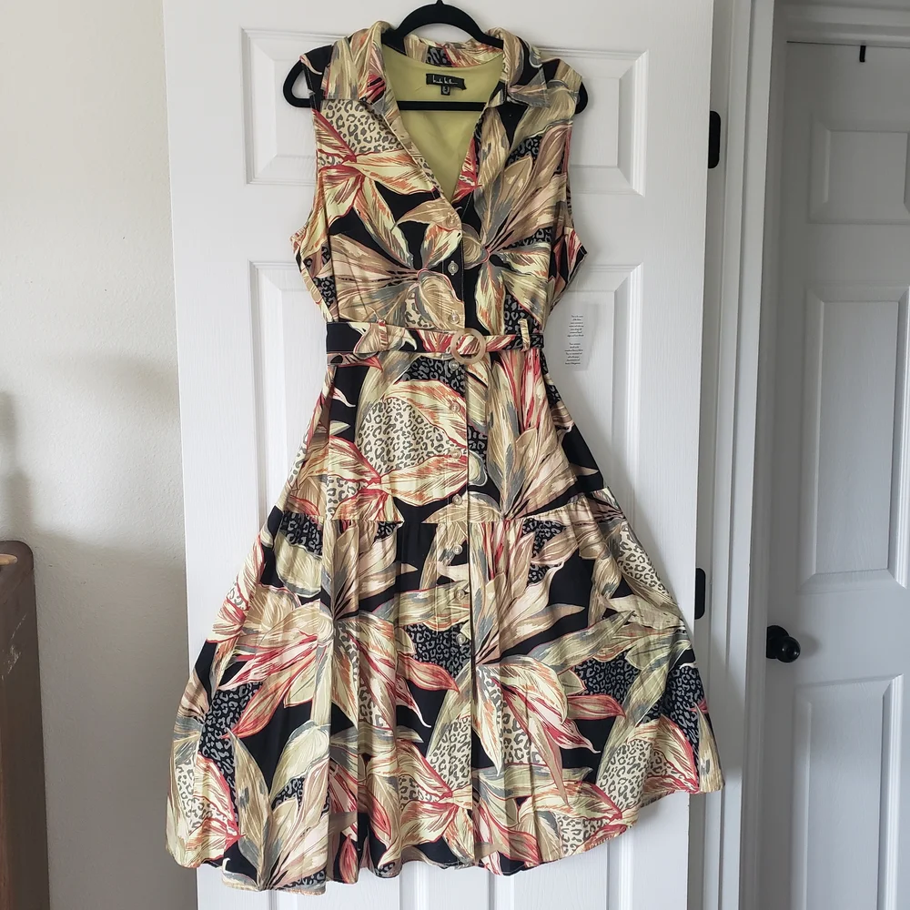 Nicole Miller Linen Blend NWT Sleeveless Dress Sz 14 Tropical  Leopard Print #54 - Picture 2 of 7